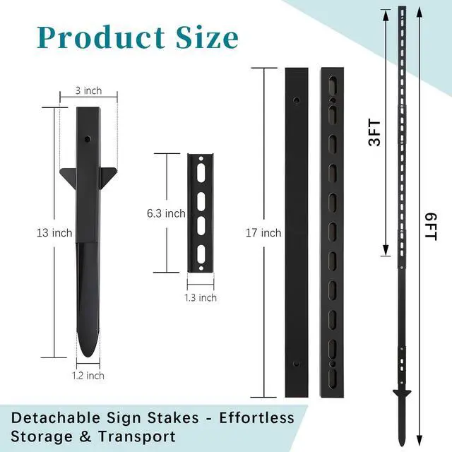 Alt view image 3 of 7 - 4 Pcs 6' Metal Yard Sign Stake, Aluminum Sign Post with Heavy Duty Base, Adjustable Yard Pole with Holes for Signs, Sleek Modern Design Sign Holder for Outside Fence Road Parking Street Stop(Black)