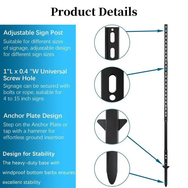 Alt view image 4 of 7 - 4 Pcs 6' Metal Yard Sign Stake, Aluminum Sign Post with Heavy Duty Base, Adjustable Yard Pole with Holes for Signs, Sleek Modern Design Sign Holder for Outside Fence Road Parking Street Stop(Black)