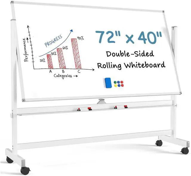 Main image of Large Mobile Whiteboard, 72x40 Magnetic Dry Erase Board with Stand | Double Sided Height Adjustable Rolling Whiteboard for Home, School & Office, Heavy-Duty Aluminum Frame & Reinforced Packaging