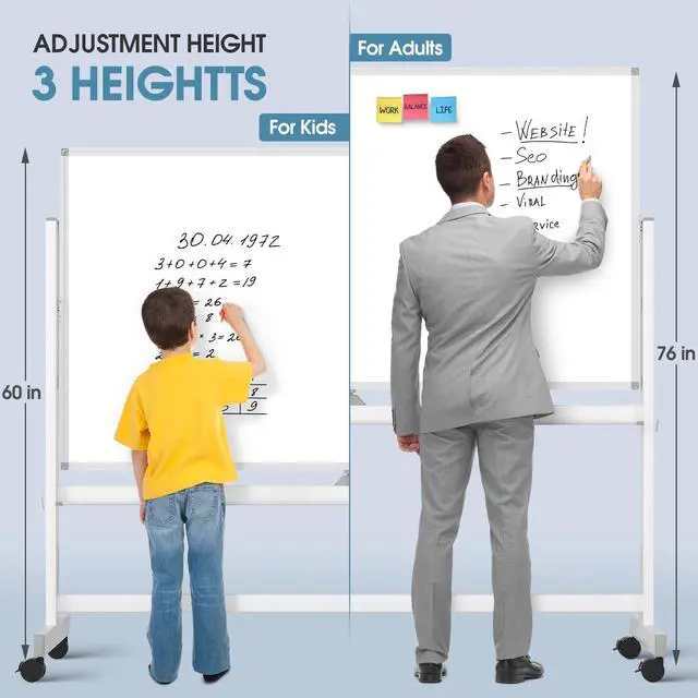 Alt view image 5 of 7 - Large Mobile Whiteboard, 72x40 Magnetic Dry Erase Board with Stand | Double Sided Height Adjustable Rolling Whiteboard for Home, School & Office, Heavy-Duty Aluminum Frame & Reinforced Packaging