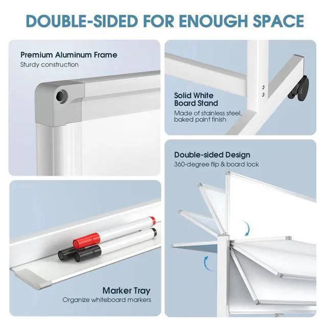 Alt view image 4 of 7 - Large Mobile Whiteboard, 72x40 Magnetic Dry Erase Board with Stand | Double Sided Height Adjustable Rolling Whiteboard for Home, School & Office, Heavy-Duty Aluminum Frame & Reinforced Packaging