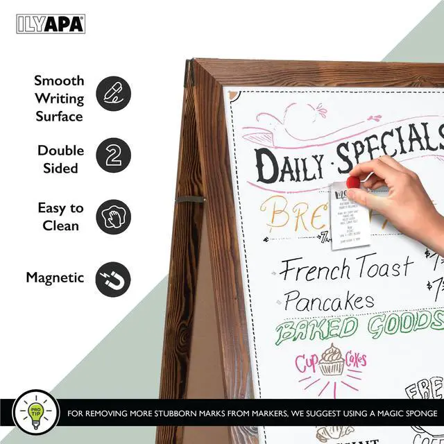 Alt view image 4 of 6 - A Frame Whiteboard Easel Sign 27x58 in - Sandwich Signs Outdoor | Solid Wood A Frame Whiteboard Sign, Magnetic Double-Sided Dry Erase, Brown