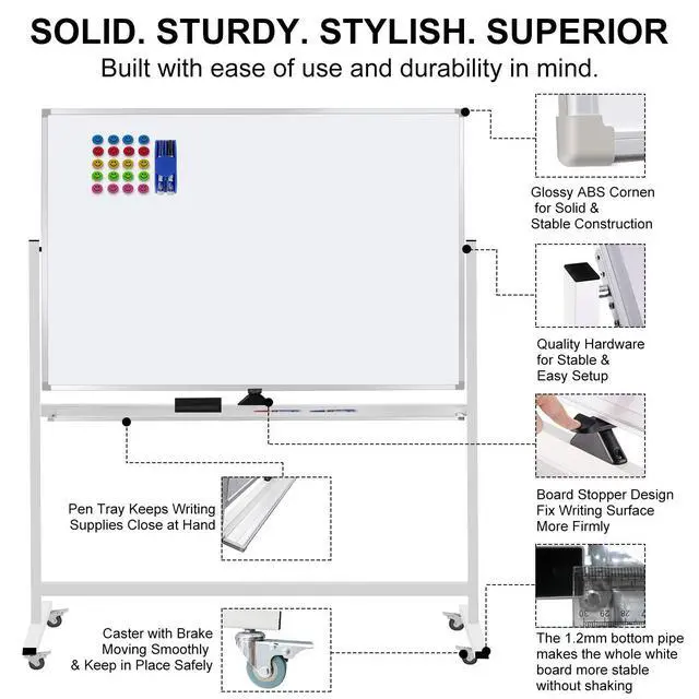 Alt view image 2 of 7 - 60"x40" Mobile Whiteboard Double-Sided Magnetic Large Dry Erase White Board with Rolling Stand for Offices, Home & School