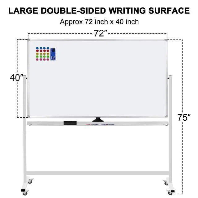 Alt view image 2 of 7 - Mobile Whiteboard 72"x40" Magnetic Dry Erase White Boards on Wheels Double-Sided Large Whiteboard with Rolling Stand for Classrooms, Offices and Home