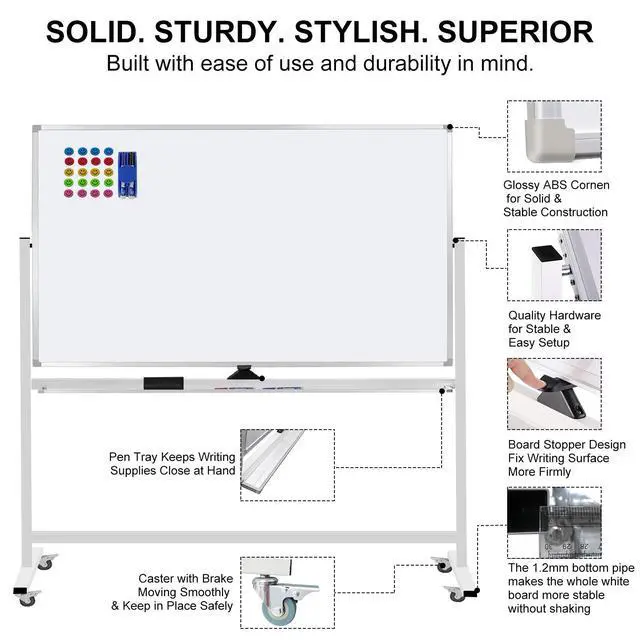 Alt view image 4 of 7 - Mobile Whiteboard 72"x40" Magnetic Dry Erase White Boards on Wheels Double-Sided Large Whiteboard with Rolling Stand for Classrooms, Offices and Home