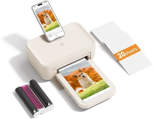Main image of 4x6 Photo Printer, Full-Color Thermal Sublimation Wi-Fi Printing, Portable Instant Picture Printer for iPhone/Android, AR Video, Fun App, Home Use, Beige+20 Sheets Photo Paper & 1 Ribbons