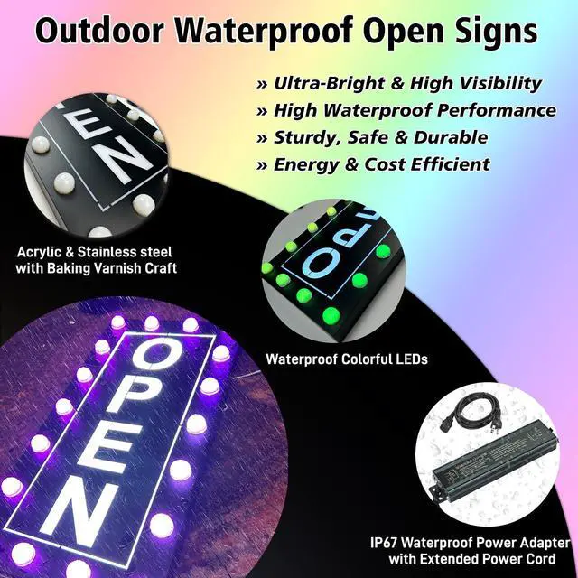 Alt view image 2 of 6 - Outdoor Waterproof LED Open Sign for Business, Ultra Bright Lighted Open Sign for Storefront Window, RGB Color Changing with Remote, Commercial Open Sign with Waterproof Adapter & Switch