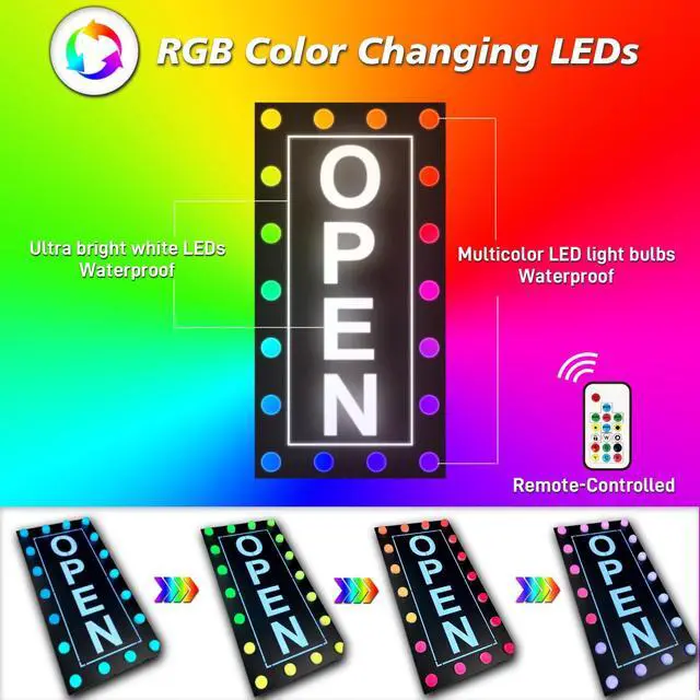 Alt view image 3 of 6 - Outdoor Waterproof LED Open Sign for Business, Ultra Bright Lighted Open Sign for Storefront Window, RGB Color Changing with Remote, Commercial Open Sign with Waterproof Adapter & Switch