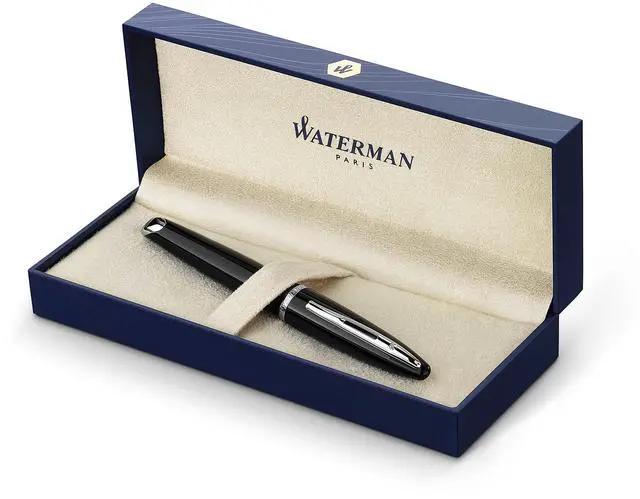 Main image of Duofold Centennial Fountain Pen, Classic Black with Gold Trim, Medium Solid Gold Nib, Black Ink and Convertor, Premium Gift Box