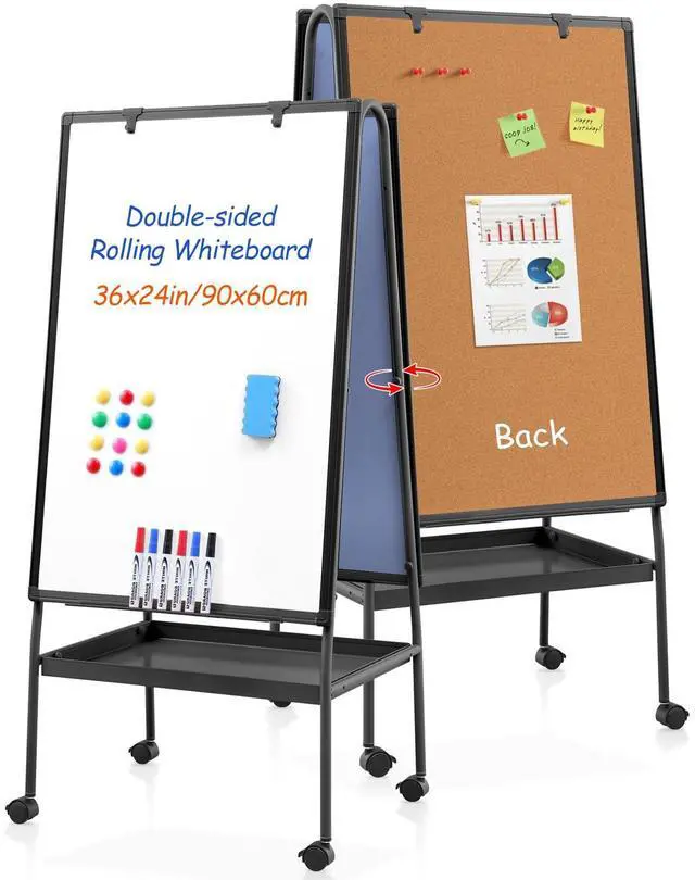 Main image of Rolling Whiteboard 36 x 24 in, Dry Erase Board on Wheel, Cork Board | Cork Pin Board, Storage Tray, Double Sided, Height Adjustable, 3'x2', Magnetic Whiteboard on Wheels, Home, Office, School