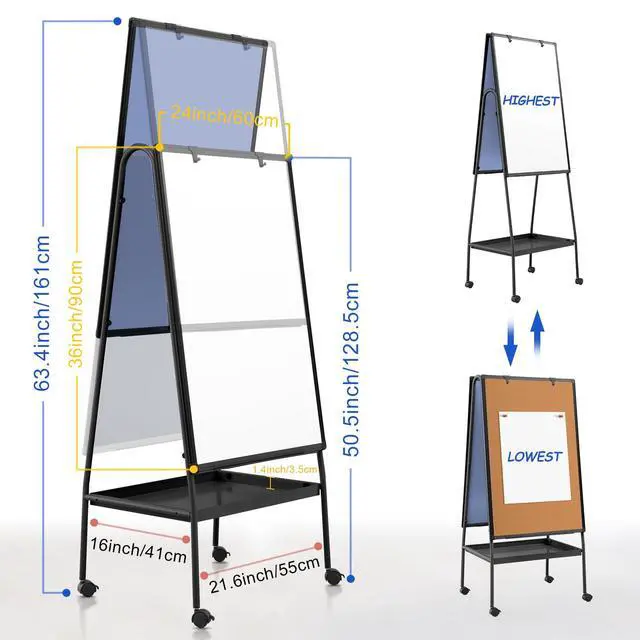 Alt view image 2 of 7 - Rolling Whiteboard 36 x 24 in, Dry Erase Board on Wheel, Cork Board | Cork Pin Board, Storage Tray, Double Sided, Height Adjustable, 3'x2', Magnetic Whiteboard on Wheels, Home, Office, School