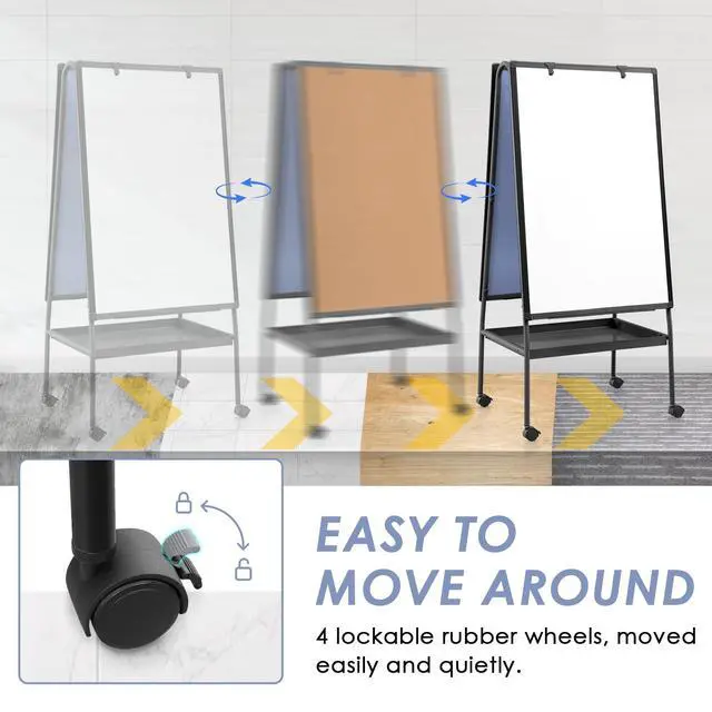 Alt view image 5 of 7 - Rolling Whiteboard 36 x 24 in, Dry Erase Board on Wheel, Cork Board | Cork Pin Board, Storage Tray, Double Sided, Height Adjustable, 3'x2', Magnetic Whiteboard on Wheels, Home, Office, School