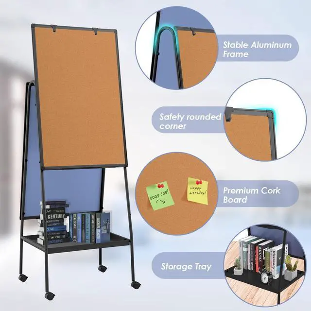 Alt view image 4 of 7 - Rolling Whiteboard 36 x 24 in, Dry Erase Board on Wheel, Cork Board | Cork Pin Board, Storage Tray, Double Sided, Height Adjustable, 3'x2', Magnetic Whiteboard on Wheels, Home, Office, School