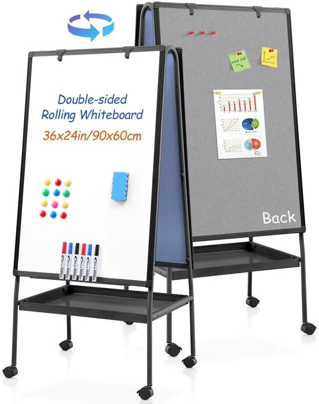 Main image of Rolling Whiteboard 36 x 24 in, Mobile Whiteboard with Grey Felt | Felt Board, Storage Tray, Double Sided, Magnetic, Adjustable Height, 3'x2', Dry Erase Board, Home, School, Office, Pinboard