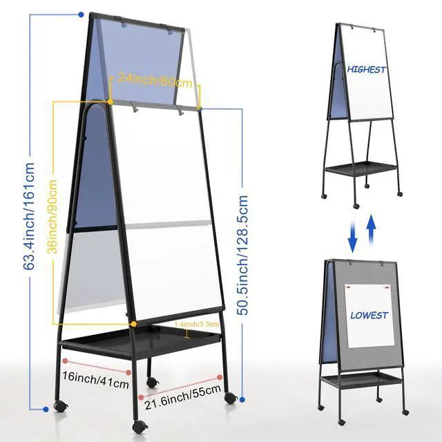 Alt view image 2 of 7 - Rolling Whiteboard 36 x 24 in, Mobile Whiteboard with Grey Felt | Felt Board, Storage Tray, Double Sided, Magnetic, Adjustable Height, 3'x2', Dry Erase Board, Home, School, Office, Pinboard