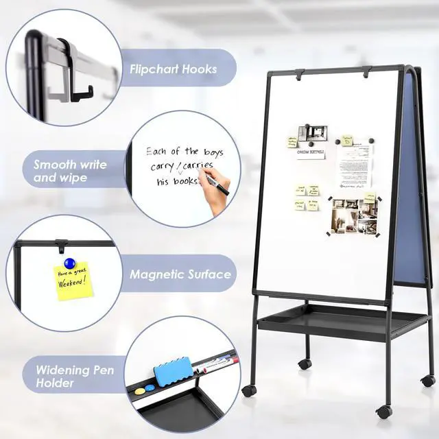 Alt view image 3 of 7 - Rolling Whiteboard 36 x 24 in, Mobile Whiteboard with Grey Felt | Felt Board, Storage Tray, Double Sided, Magnetic, Adjustable Height, 3'x2', Dry Erase Board, Home, School, Office, Pinboard