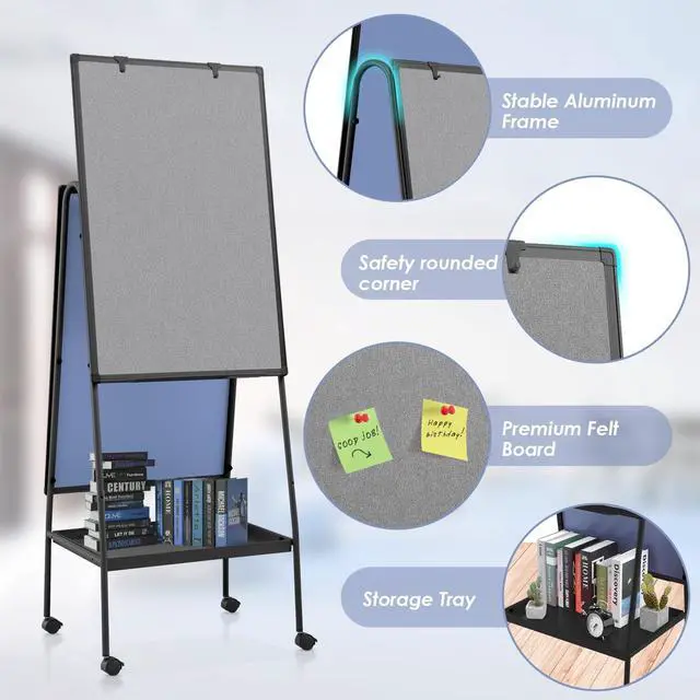 Alt view image 4 of 7 - Rolling Whiteboard 36 x 24 in, Mobile Whiteboard with Grey Felt | Felt Board, Storage Tray, Double Sided, Magnetic, Adjustable Height, 3'x2', Dry Erase Board, Home, School, Office, Pinboard