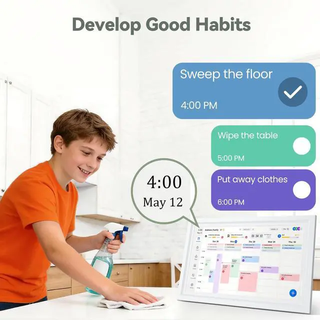 Alt view image 6 of 7 - Digital Calendar, 15.6-Inch Smart WiFi Electronic Calendar Sync | Chore Chart, Meal Planner, IPS Touch Screen HD Display for Family Schedules,Wall/Desk Mount,Gift for Mom Women