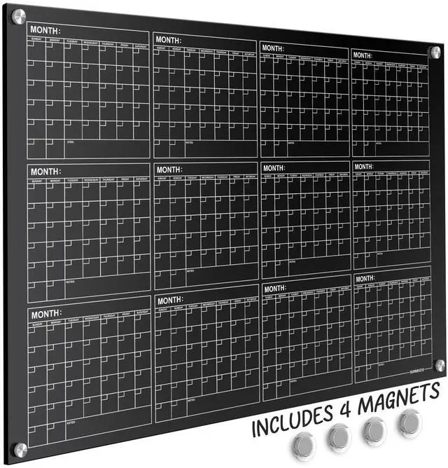 Main image of Black Magnetic 34x46 Glass Whiteboard Yearly Calendar Planner White Board Dry Erase Calendar for Wall Monthly Glass Whiteboard Home Office Large Wall Planner