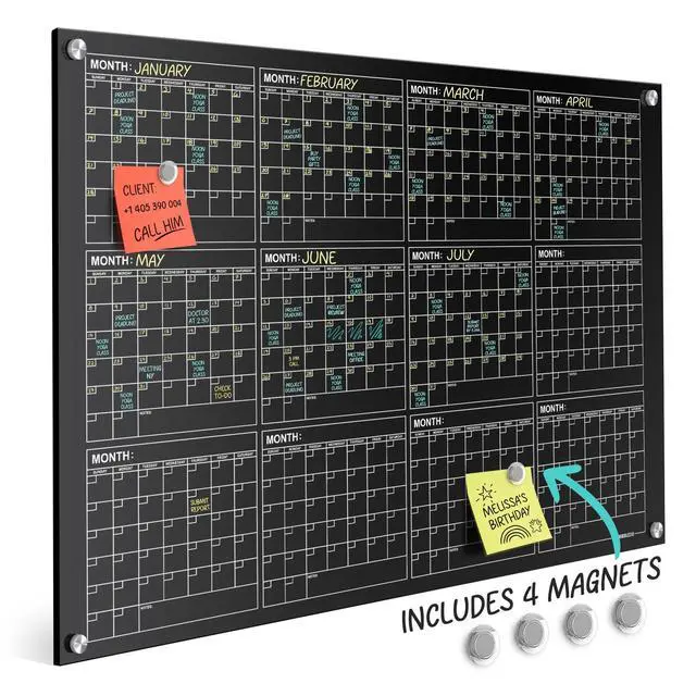 Alt view image 5 of 7 - Black Magnetic 34x46 Glass Whiteboard Yearly Calendar Planner White Board Dry Erase Calendar for Wall Monthly Glass Whiteboard Home Office Large Wall Planner