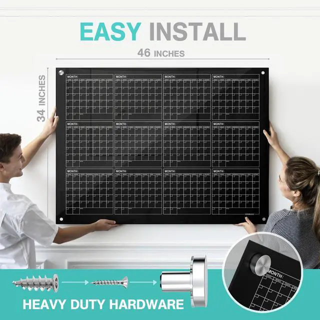 Alt view image 4 of 7 - Black Magnetic 34x46 Glass Whiteboard Yearly Calendar Planner White Board Dry Erase Calendar for Wall Monthly Glass Whiteboard Home Office Large Wall Planner