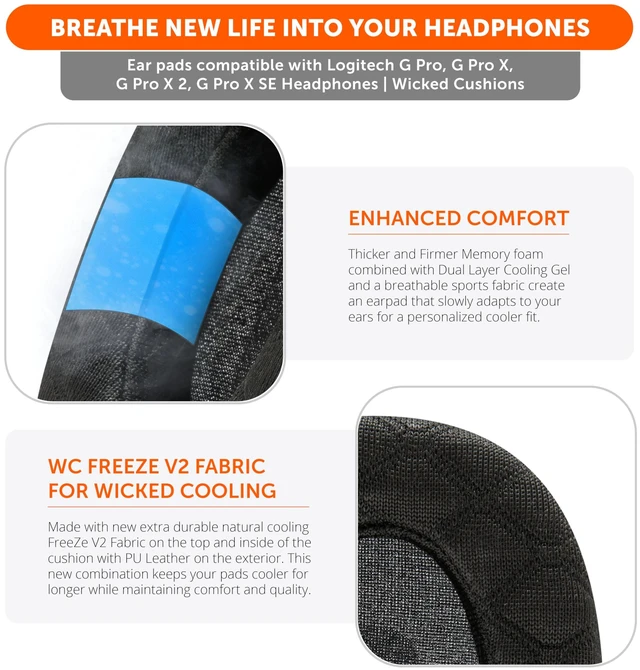 Alt view image 4 of 7 - Freeze G Pro X - Angled Cooling Gel Earpads for Logitech Gpro X Made by Wicked Cushions Extreme Comfort, Angeled Design, New Freeze V2 Cooling Fabric, Extra Thick Black Camo