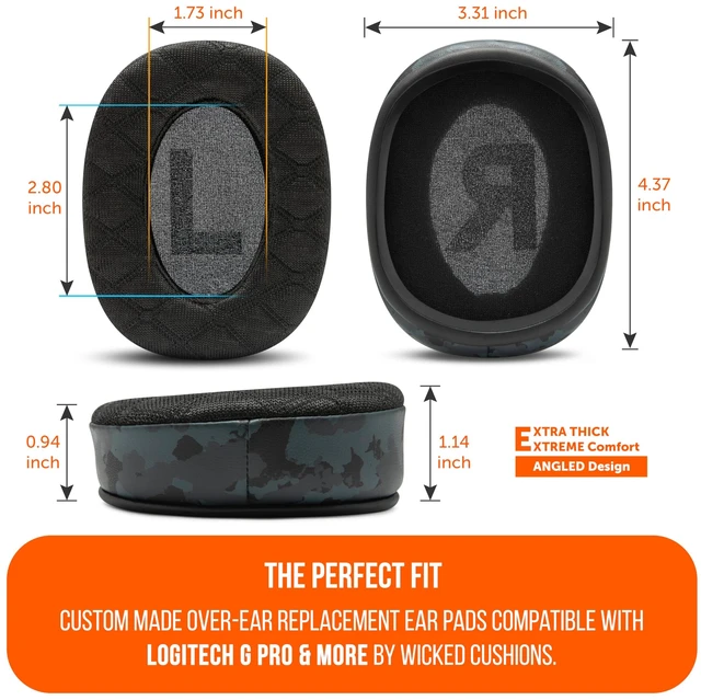 Alt view image 5 of 7 - Freeze G Pro X - Angled Cooling Gel Earpads for Logitech Gpro X Made by Wicked Cushions Extreme Comfort, Angeled Design, New Freeze V2 Cooling Fabric, Extra Thick Black Camo