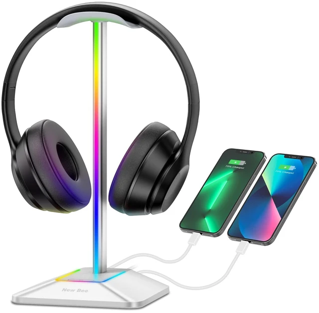 Main image of RGB Headphone Stand with 1 USB-C Charging Port and 1 USB Charging Port, Desk Gaming Headset Stand with 7 Light Modes and Non-Slip Rubber Base Suitable for All Earphone Accessories (Silver)