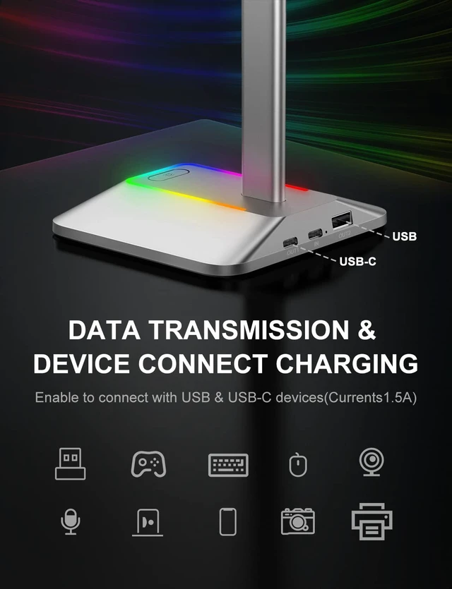 Alt view image 3 of 6 - RGB Headphone Stand with 1 USB-C Charging Port and 1 USB Charging Port, Desk Gaming Headset Stand with 7 Light Modes and Non-Slip Rubber Base Suitable for All Earphone Accessories (Silver)