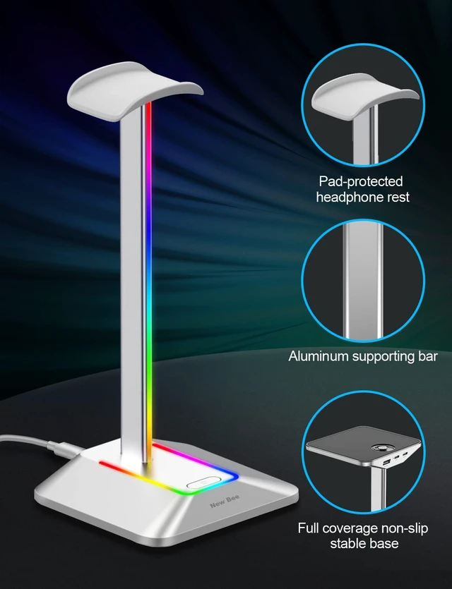 Alt view image 4 of 6 - RGB Headphone Stand with 1 USB-C Charging Port and 1 USB Charging Port, Desk Gaming Headset Stand with 7 Light Modes and Non-Slip Rubber Base Suitable for All Earphone Accessories (Silver)