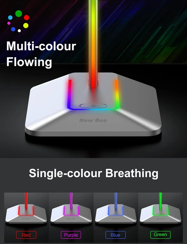 Alt view image 2 of 6 - RGB Headphone Stand with 1 USB-C Charging Port and 1 USB Charging Port, Desk Gaming Headset Stand with 7 Light Modes and Non-Slip Rubber Base Suitable for All Earphone Accessories (Silver)