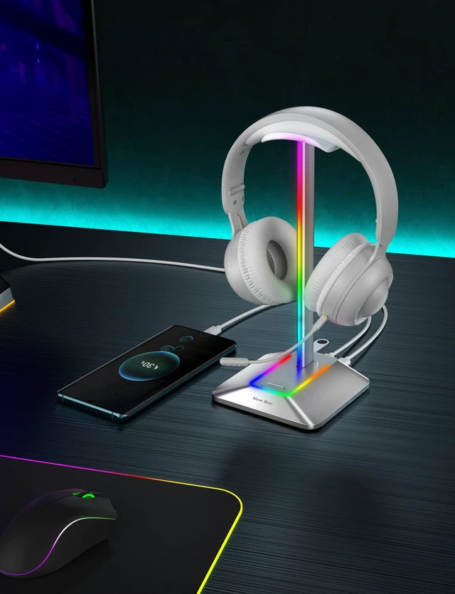 Alt view image 6 of 6 - RGB Headphone Stand with 1 USB-C Charging Port and 1 USB Charging Port, Desk Gaming Headset Stand with 7 Light Modes and Non-Slip Rubber Base Suitable for All Earphone Accessories (Silver)