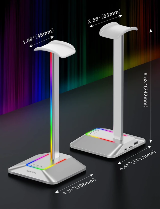 Alt view image 5 of 6 - RGB Headphone Stand with 1 USB-C Charging Port and 1 USB Charging Port, Desk Gaming Headset Stand with 7 Light Modes and Non-Slip Rubber Base Suitable for All Earphone Accessories (Silver)