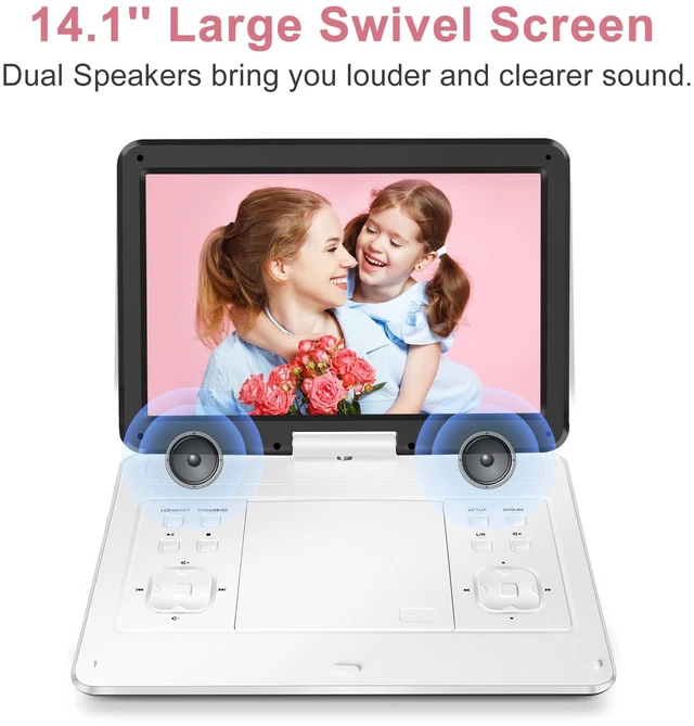 Alt view image 3 of 7 - 16.5" Portable DVD Player, 6H Battery, Headrest Mount, Remote, White 1280x800 HD 14.1" Swivel Screen, 5000mAh Battery, Supports CD/DVD/SD/USB, for Car & Home, Region Free