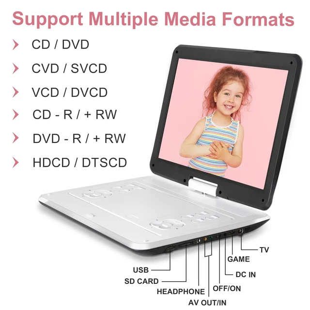 Alt view image 5 of 7 - 16.5" Portable DVD Player, 6H Battery, Headrest Mount, Remote, White 1280x800 HD 14.1" Swivel Screen, 5000mAh Battery, Supports CD/DVD/SD/USB, for Car & Home, Region Free