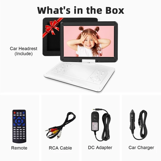 Alt view image 7 of 7 - 16.5" Portable DVD Player, 6H Battery, Headrest Mount, Remote, White 1280x800 HD 14.1" Swivel Screen, 5000mAh Battery, Supports CD/DVD/SD/USB, for Car & Home, Region Free