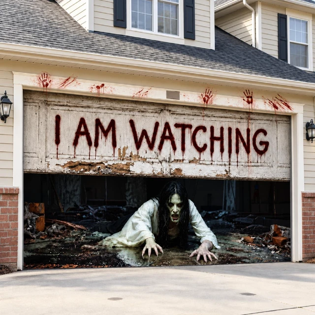 Main image of 16 x 7 ft Halloween Garage Door Cover, Female Ghost Halloween Garage Door Banner Decorations, Ghost Large Garage Door Hanging Backdrop, I Am Watching, for Outdoor Home Yard Wall