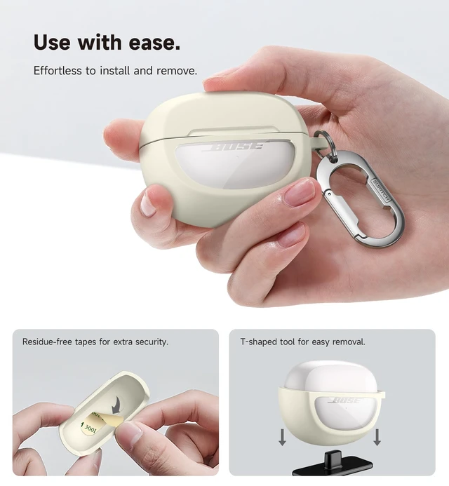 Alt view image 6 of 7 - Case Cover for Bose Ultra Open Earbuds(2024), Shockproof Protective Cover for Bose Ultra Open Wireless Ear Earbuds Charging Case Accessories with Carabiner, White