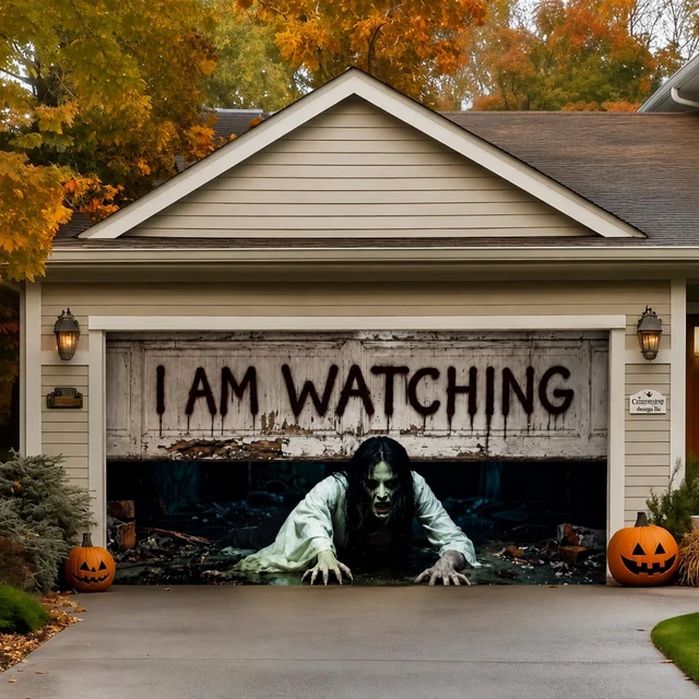 Alt view image 2 of 7 - 16 x 7 ft Halloween Garage Door Cover, Female Ghost Halloween Garage Door Banner Decorations, Ghost Large Garage Door Hanging Backdrop, I Am Watching, for Outdoor Home Yard Wall