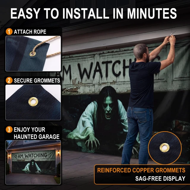 Alt view image 4 of 7 - 16 x 7 ft Halloween Garage Door Cover, Female Ghost Halloween Garage Door Banner Decorations, Ghost Large Garage Door Hanging Backdrop, I Am Watching, for Outdoor Home Yard Wall