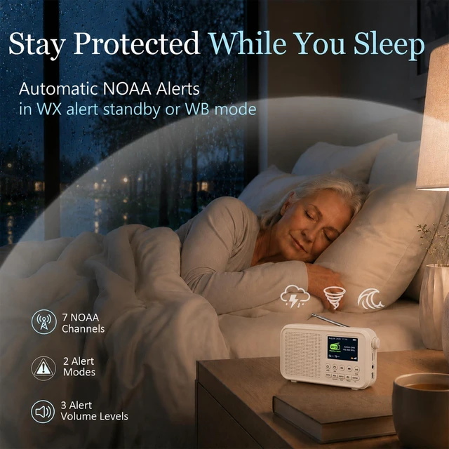 Alt view image 4 of 7 - FM Radio with Bluetooth, NOAA Weather Band, 2.4" Color Screen, Rechargeable Portable Radio, Dual Alarms, microSD Playback, USB-C Charging, Headphone Jack for Home, Bedroom, Office & Travel