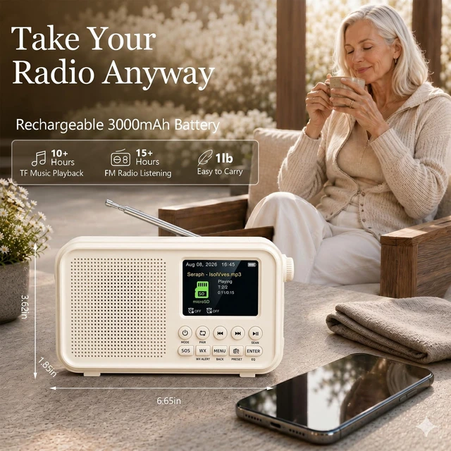 Alt view image 6 of 7 - FM Radio with Bluetooth, NOAA Weather Band, 2.4" Color Screen, Rechargeable Portable Radio, Dual Alarms, microSD Playback, USB-C Charging, Headphone Jack for Home, Bedroom, Office & Travel
