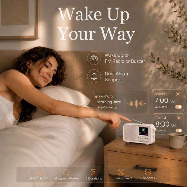 Alt view image 5 of 7 - FM Radio with Bluetooth, NOAA Weather Band, 2.4" Color Screen, Rechargeable Portable Radio, Dual Alarms, microSD Playback, USB-C Charging, Headphone Jack for Home, Bedroom, Office & Travel