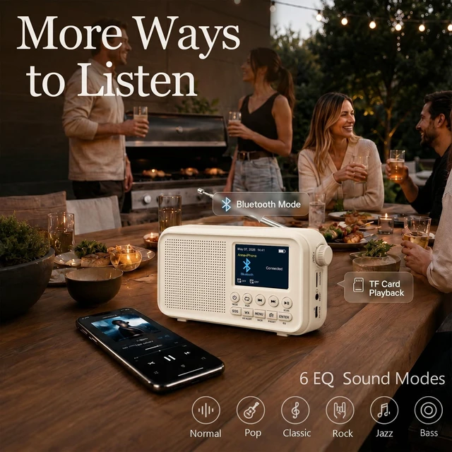 Alt view image 7 of 7 - FM Radio with Bluetooth, NOAA Weather Band, 2.4" Color Screen, Rechargeable Portable Radio, Dual Alarms, microSD Playback, USB-C Charging, Headphone Jack for Home, Bedroom, Office & Travel