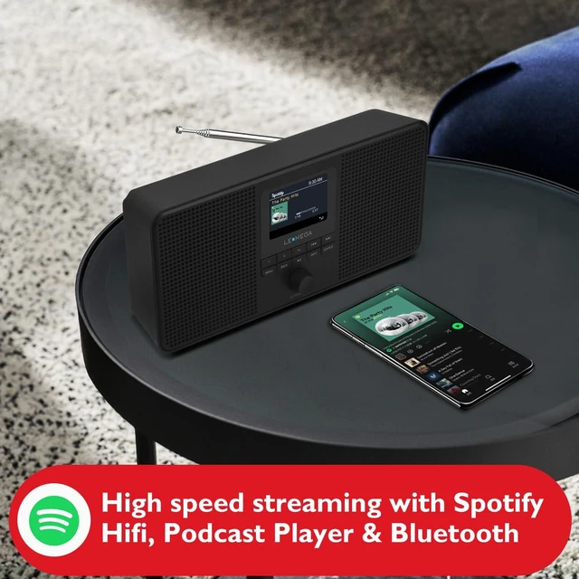 Alt view image 2 of 7 - IR4S Stereo WiFi Internet Radio,FM Digital Radio, Spotify Connect, Bluetooth Speaker, Dual Alarms Clock, 40 Presets, Headphone-Output, Batteries or Mains Powered Black Finish