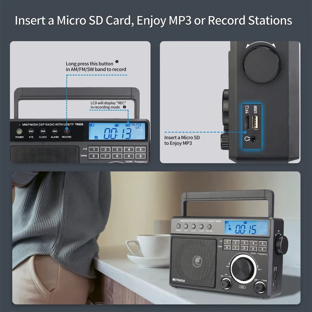 Alt view image 4 of 7 - TR629 Portable Shortwave Radios, Digital Radio AM FM Plug in for Home,DSP, Backlight LCD Display, Digital Tuning and Preset, USB, Micro SD, Clock, Recorder