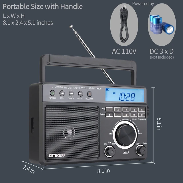 Alt view image 7 of 7 - TR629 Portable Shortwave Radios, Digital Radio AM FM Plug in for Home,DSP, Backlight LCD Display, Digital Tuning and Preset, USB, Micro SD, Clock, Recorder