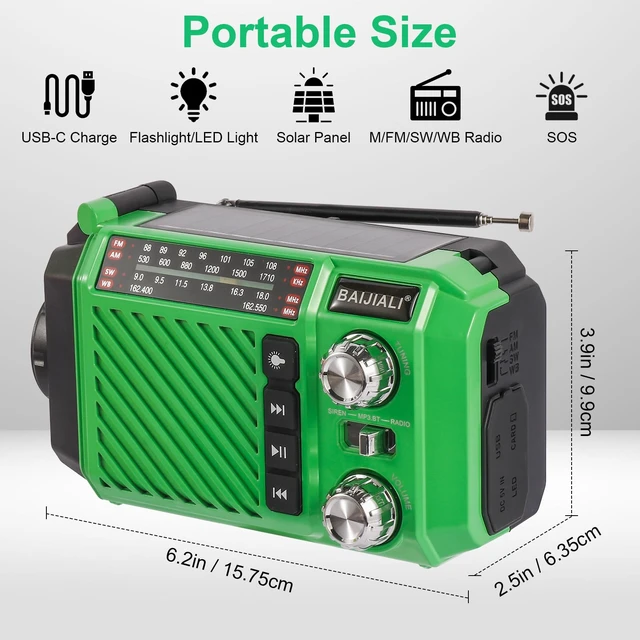 Alt view image 2 of 7 - Hand Crank Emergency Weather Radio with 2600mAh/9620mWh Power Bank, NOAA AM FM Shortwave Portable Radio, Solar & USB-C Charging, Flashlight, SOS Alarm for Emergency Kits (Green)