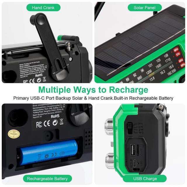 Alt view image 4 of 7 - Hand Crank Emergency Weather Radio with 2600mAh/9620mWh Power Bank, NOAA AM FM Shortwave Portable Radio, Solar & USB-C Charging, Flashlight, SOS Alarm for Emergency Kits (Green)