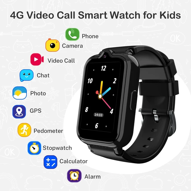 Alt view image 2 of 7 - 4G Kids Smart Watch GPS Tracker, Smart Watch for Boys Girls Ages 5-12 Video Call Voice Chat Parental Controls Pedometer SOS Alarm Calculator Camera Waterproof HD Touch Screen Watch Gifts for Kids